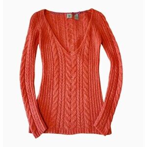 HWR Orange Wool Blend Cable knit Fitted Sweater Y2K Preppy Elena Gilbert Size S